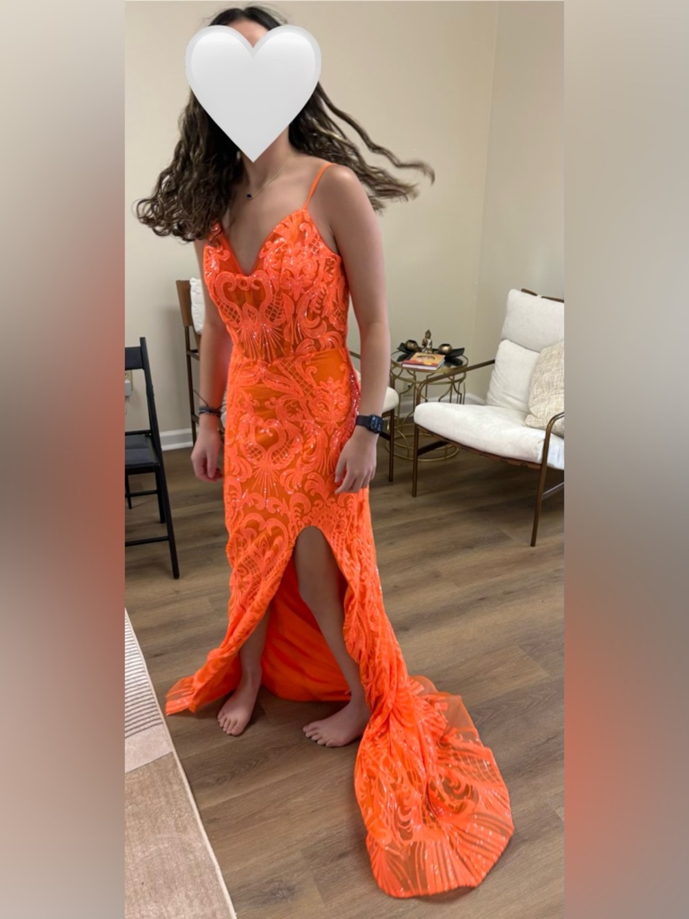 Orange beaded Lace Spaghetti Strap Prom Dress with Front Slit nwt size 6 - Picture 6 of 6